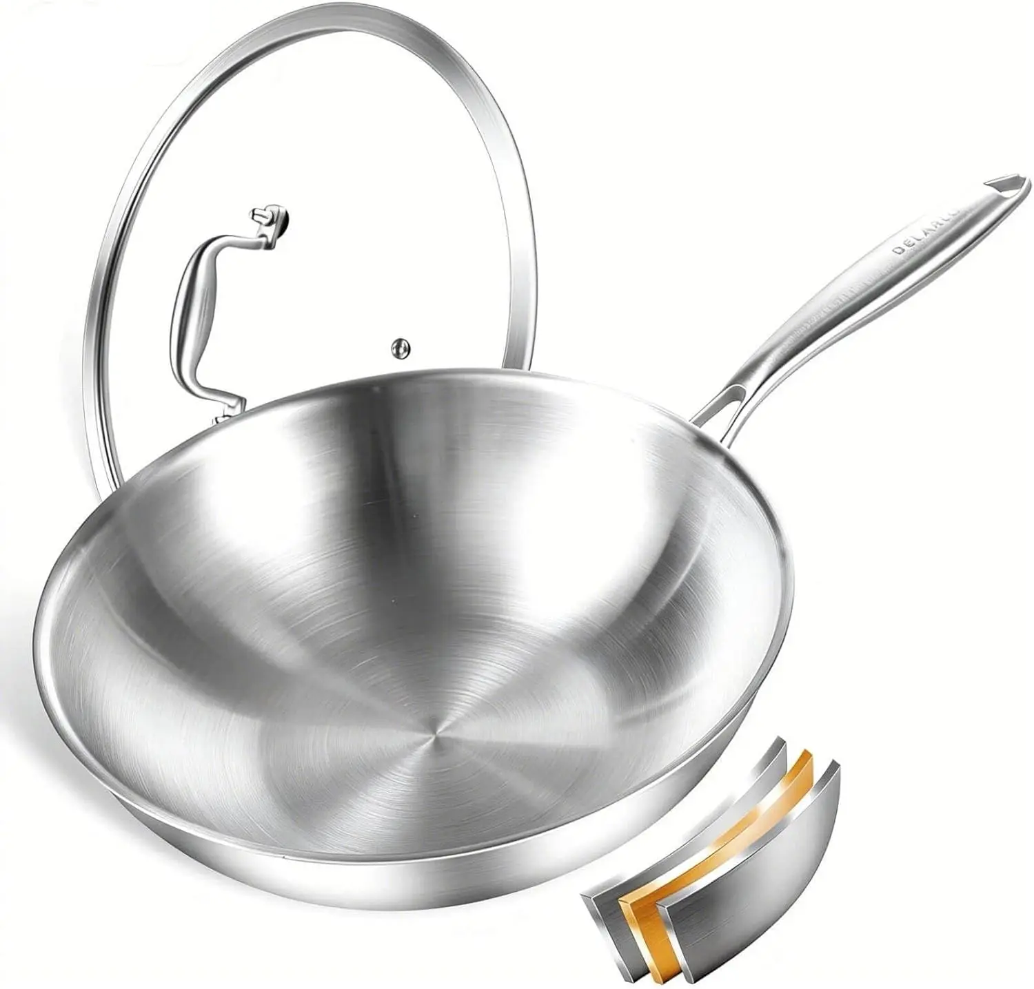 

12-Inch Stainless Steel Wok Pan with Lid, Tri-Ply Construction for Even Heating, Oven & Dishwasher Safe Up to 600°F