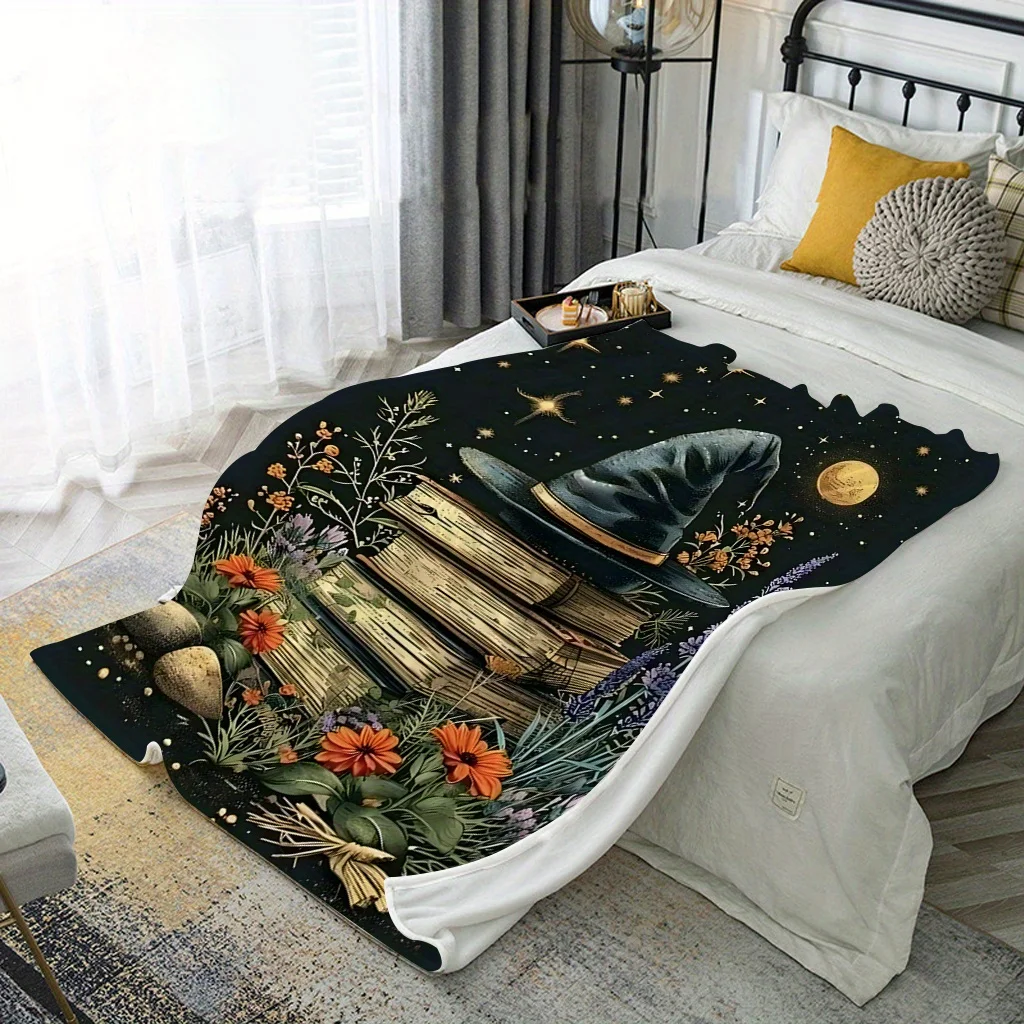 Cozy Cartoon Wizard Hat & Magic Book Flannel Throw Blanket - Soft, Reversible All-Season Comfort, Anti-Pill & Shed-Free, Machine