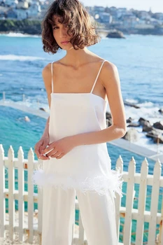 깃털 잠옷과 새틴 잠옷 바지와 여성 세트 블랙 스파게티 스트랩 홈 슈트 화이트 바지 정장 2022