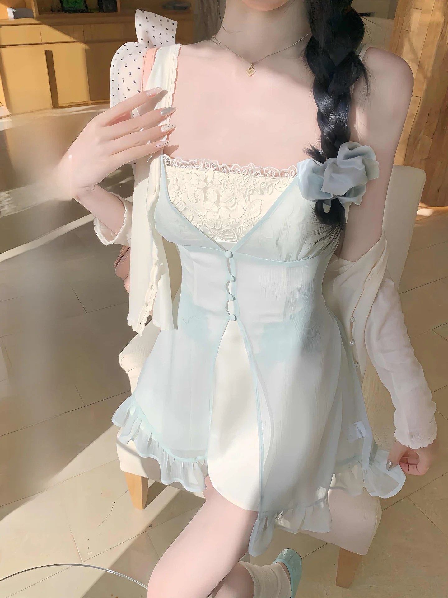 

White Water Women Alice Skirt Hem Chiffon Lace Trimmed Strapless Embroidered Lace Halter Dress Women's Set Korean Style Sprin...