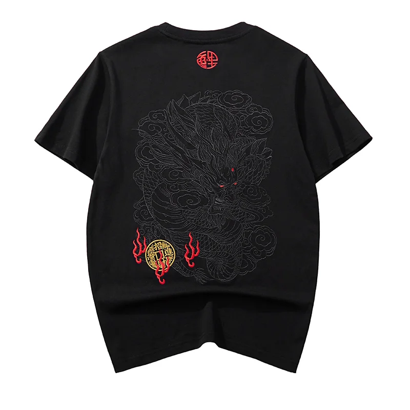 Chinese style dragon embroidered short sleeved T-shirt for men's summer new 2024 round neck clothing elastic breathable top