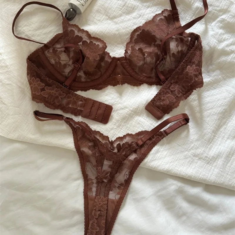 Sexy Lace Flowers Embroidery Lingerie Set for Women Ultra Thin Breathable Bra Button Decoration Underwear French Bras Thong Sets view 2