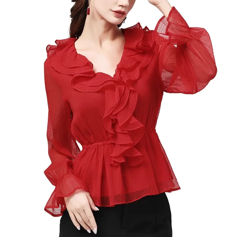 

Женская шифоновая расклешенная рубашка с длинными рукавами, топ с v-образным вырезом и красной талией для похудения, повседневные блузки в западном стиле