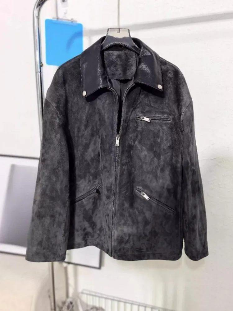 New Designer Women Zipper Sheepskin Loose Sreal Suede Leather Ladies Jacket Sleeve With Shoulder Outerwear Fashion Autumn Winter