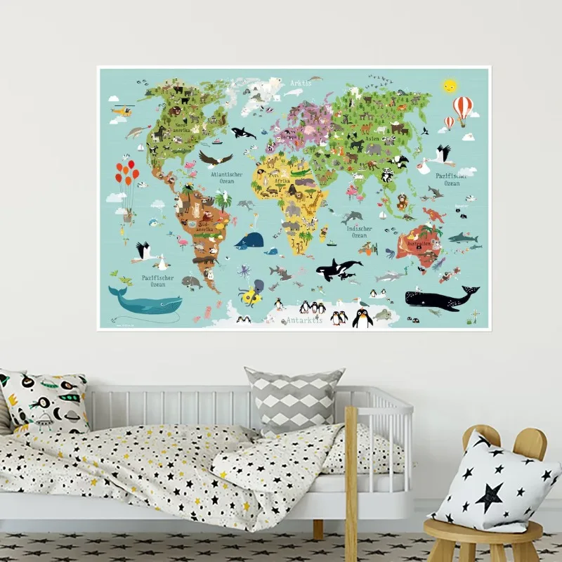 World Map Children Learning Poster Animals Continent Illustration Canvas Painting Wall Art for Kindergarten Kids Room Home Decor
