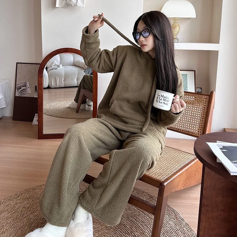 2024 Nieuwe Herfst Winter Pyjama Dames Capuchon Flanellen Nachtkleding Warme Homewear Set Losse Effen Kleur Verdikte Loungewear