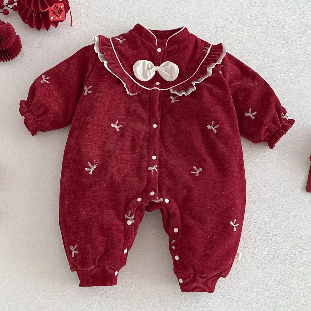 

Рождественская одежда для малышей, зимний утепленный теплый комбинезон с длинными рукавами для маленьких девочек, красный цвет, китайский новогодний комбинезон принцессы для младенцев