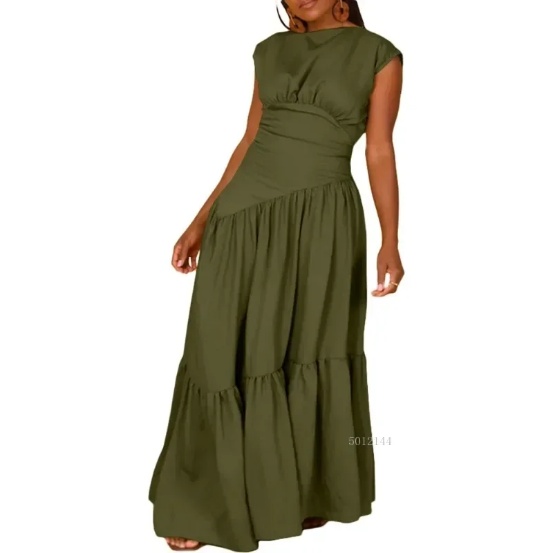 

Elegant O-neck Maxi Dress for Women Short Sleeve Long Evening Gown Sexy Fold Details Summer Casual Night Club Street Wear