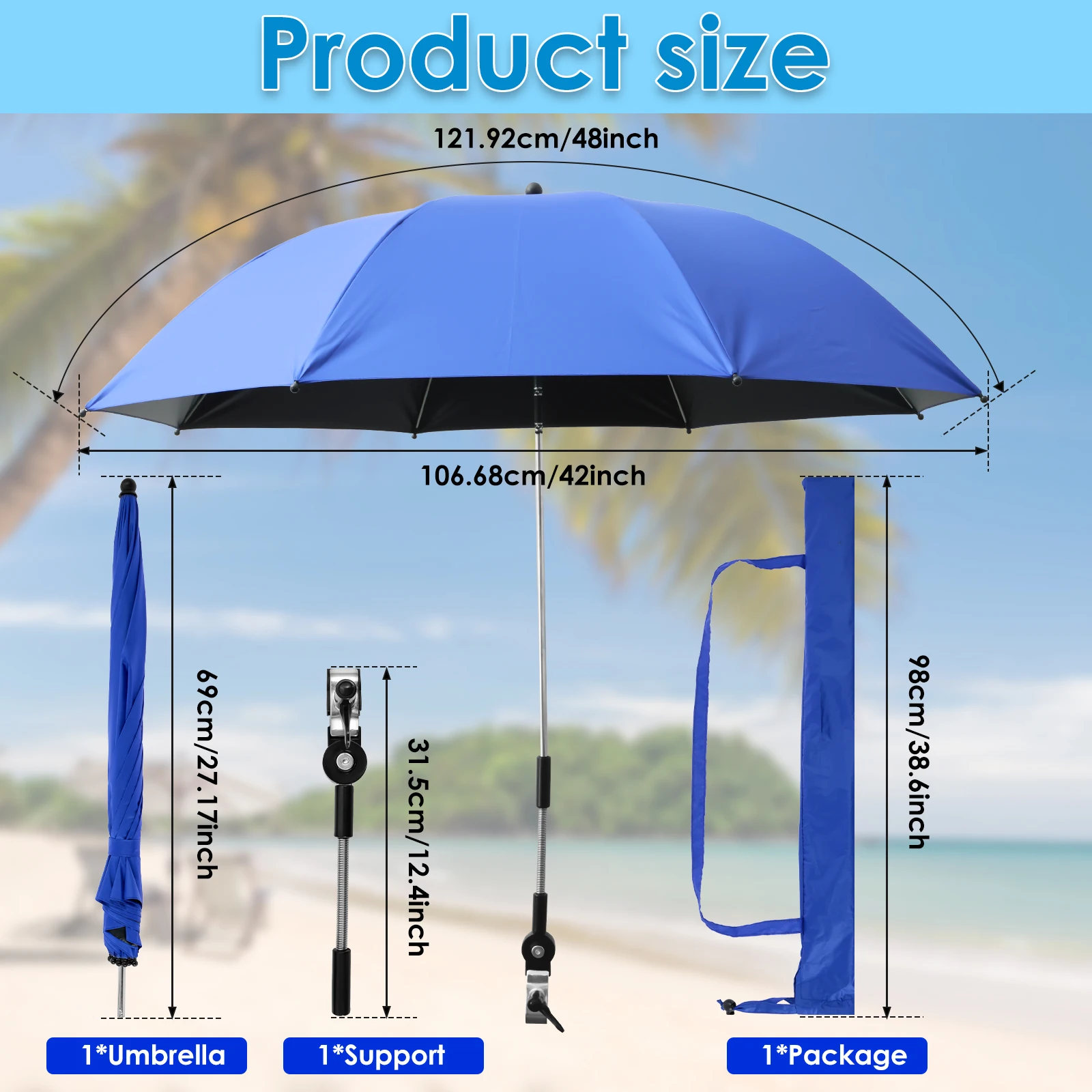 8 Bones 360° Beach Chair Umbrella Adjustable Shade Umbrella 42 Inch Beach Umbrella with Universal Clamp for Outdoor Beach Garden