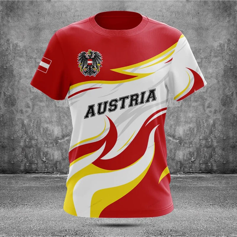 Custom Name Summer Casual Austria Fire Graphic T-shirts Cool Men's Fashion Jersey Soft Short Sleeve Tops Fast Dry Sportswear