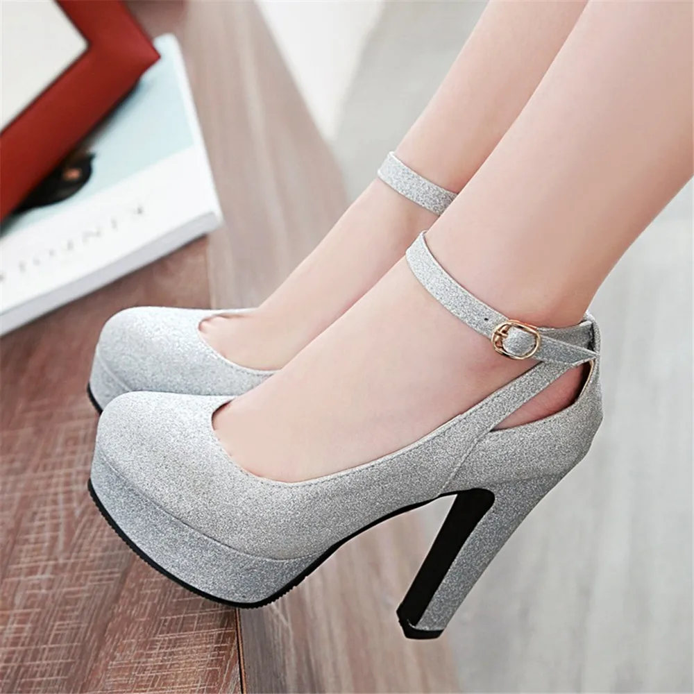 Ankle Strap High Heels Sexy Women Pumps Shiny Sequin Cloth Thick Platform Mary Jane Ladies Party Shoes Buckle Hollow Out Purple