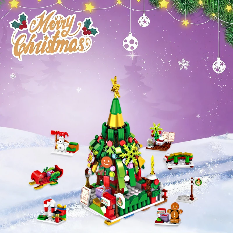 Mini Christmas Tree Santa Claus Building Block Little Train Elk Snowman Assembly Bricks Model Kids Toys Girl Christmas Eve Gifts