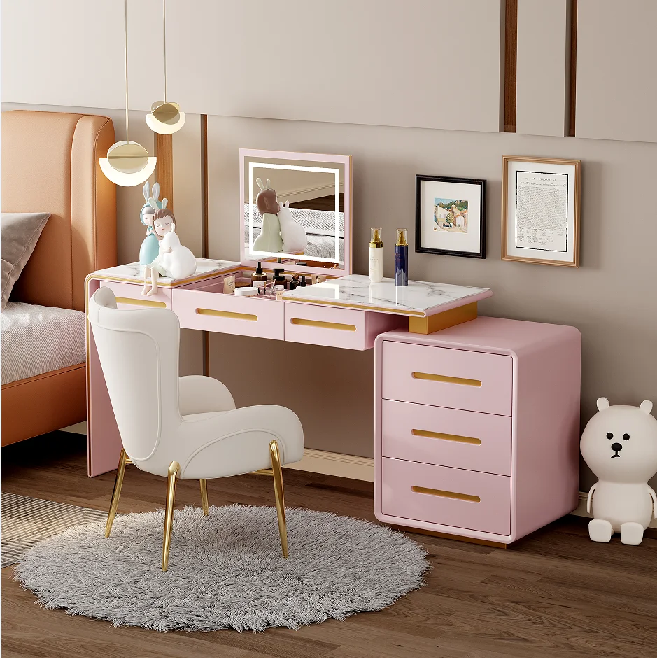Make up Dressing Vanity Table Drawers Dresser Wooden Girls Mirror Modern Wood Style Set with 6 Drawers Bedroom Dressing Tablepro
