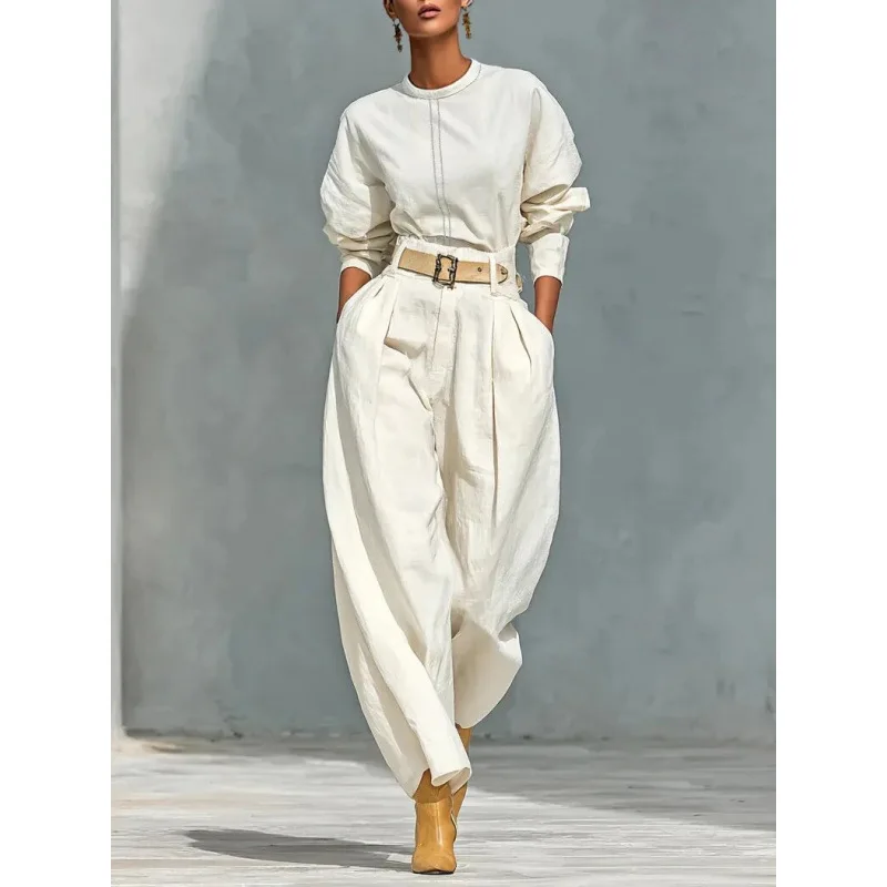 New Women's Round Neck Long Sleeve Top High Waist Wide Leg Pants Two Piece Set Versatile Trendy Casual Commute Daily Wear Outfit