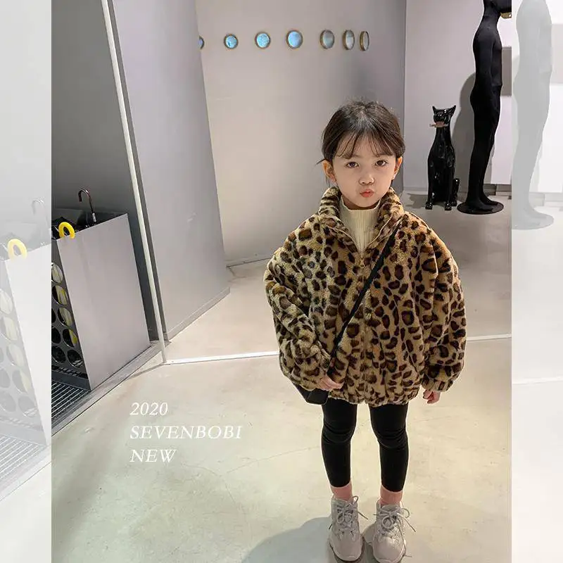 Girl Leopard Print Jacket Fleece Velvet Thicken Coat for Children Autumn Winter Cotton Padding Outwear 1 To 8 Years Kids Clothes