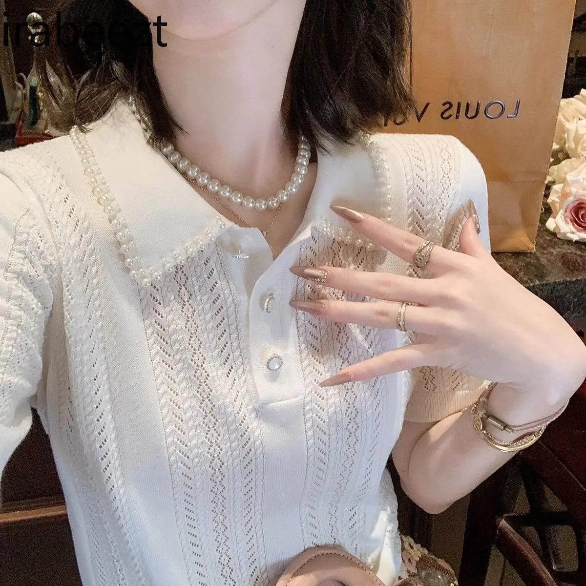 

Women's 2025 French Pearl Embroidered Polo Neck Lace Hollow Out Ice Silk Knitted Top Summer Crochet T-Shirt