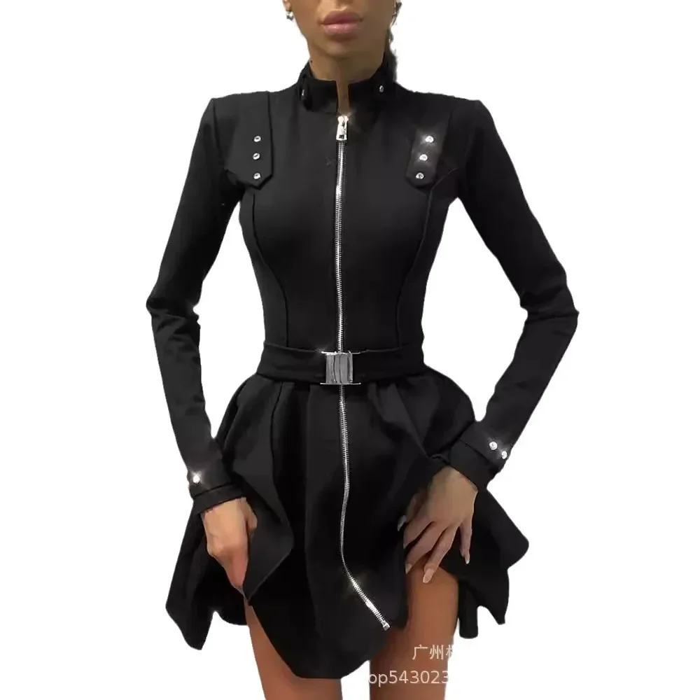 Women Long Sleeves Dress Black Button Zipper High Waist Sexy Mini Dress with Belt