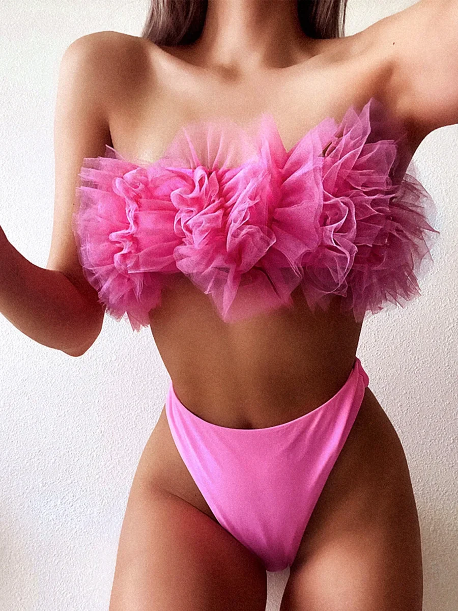 

2024 New Sexy 3D Flower Mesh Ruffled Swimsuit High Waist bikini Women Bandeau Swimwear Female Two Pieces Bikini set Bathing Suit