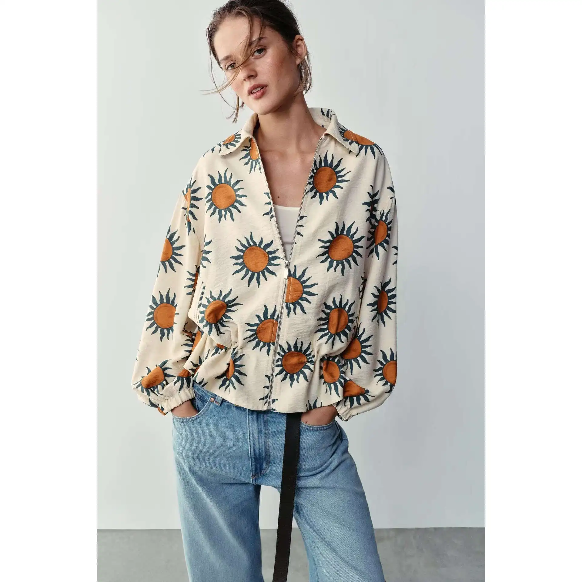 Fashionable Print Pilot Jacket Coat And Halter Skirt Set Women's Autumn Spring Summer Fashionable Outerwear Two-Piece Set