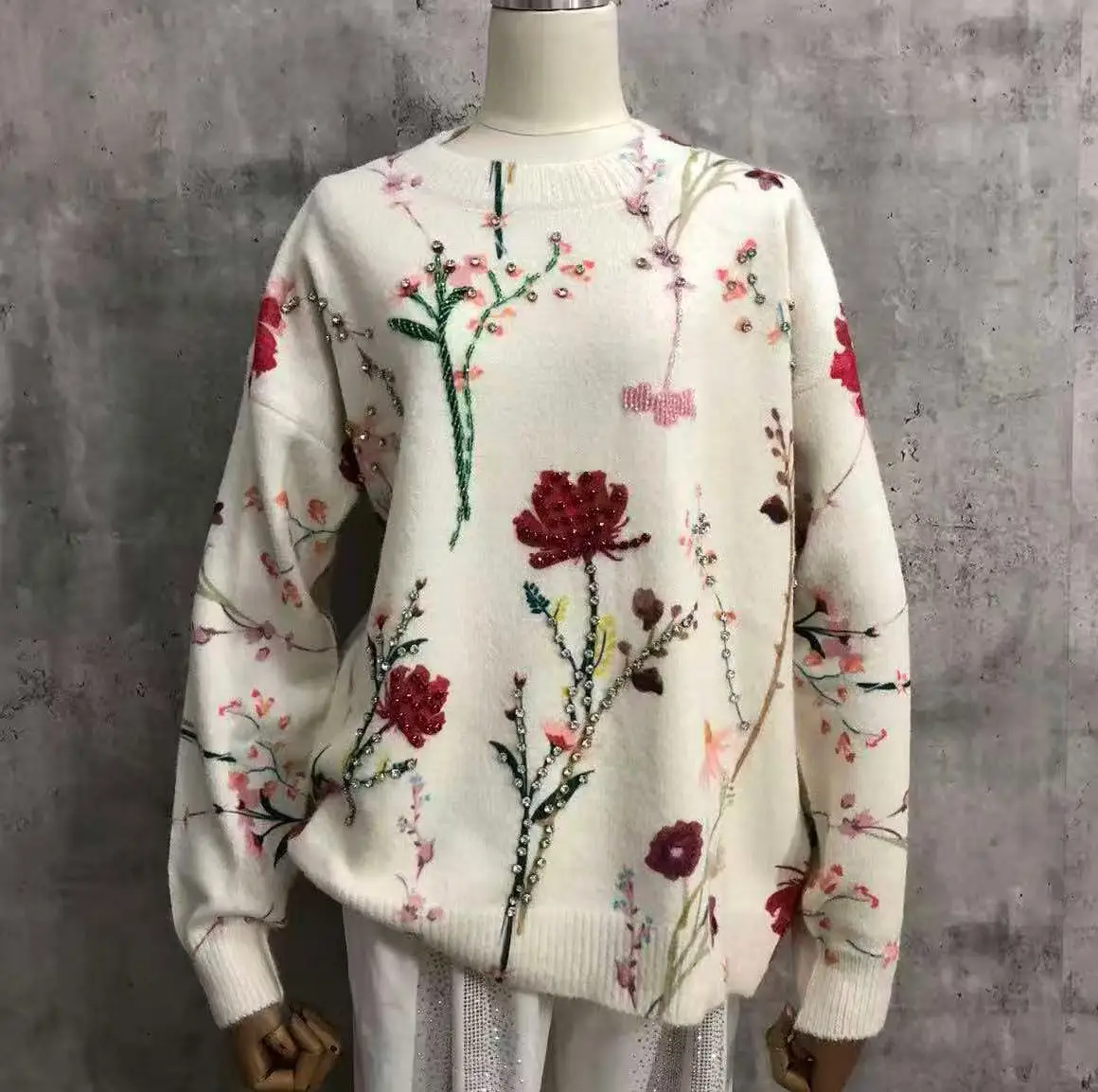 High-end Sparkle Diamonds Flowers Printed Sweater Women\'s Autumn Winter Clothes New Trend Outerwears Knitted Pullover pull femme