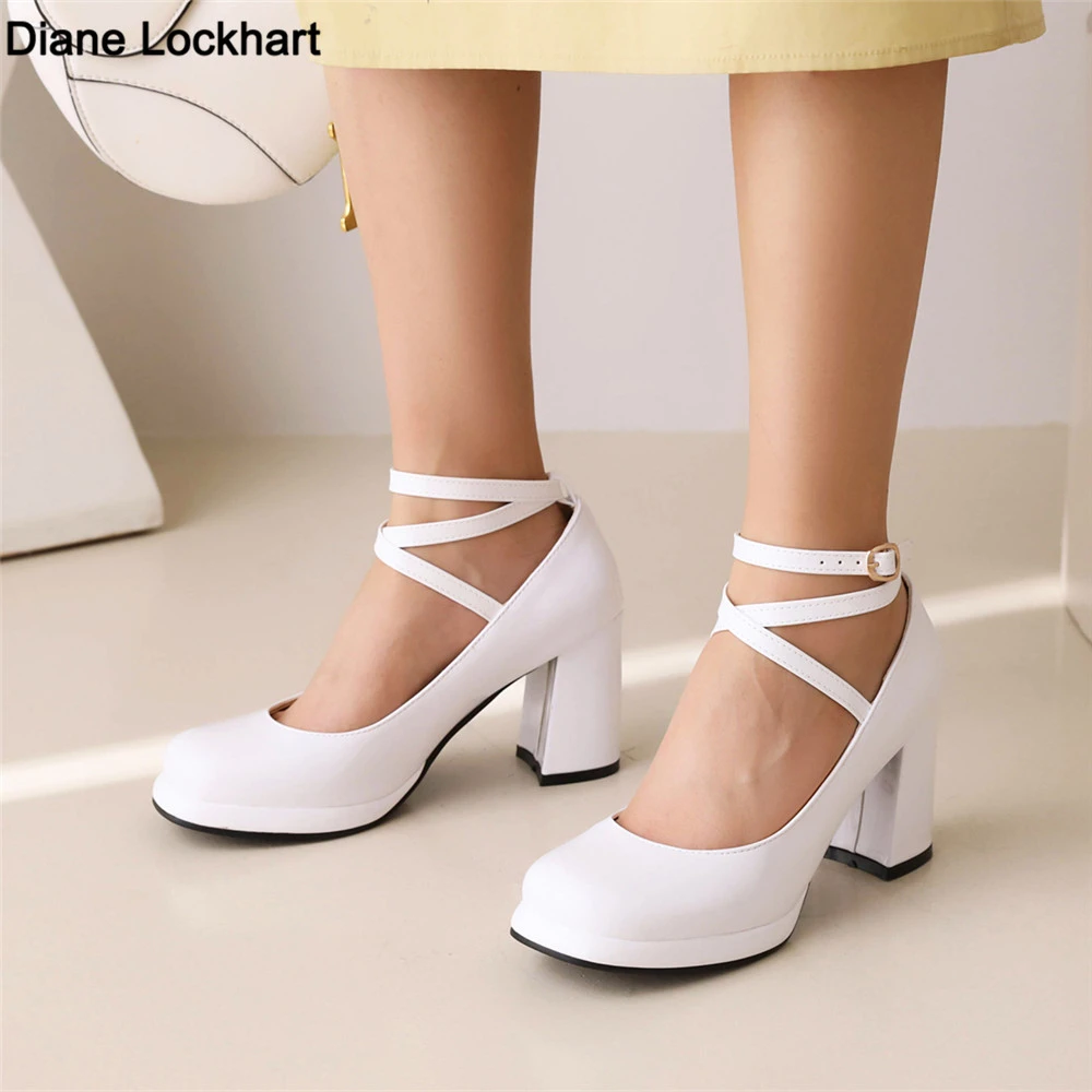 

Patent Leather Shoes Spring Autumn Mary Jane Shoes Women's Buckle Cross Strap High Heels Retro Platform Lolita Shoes Woman W