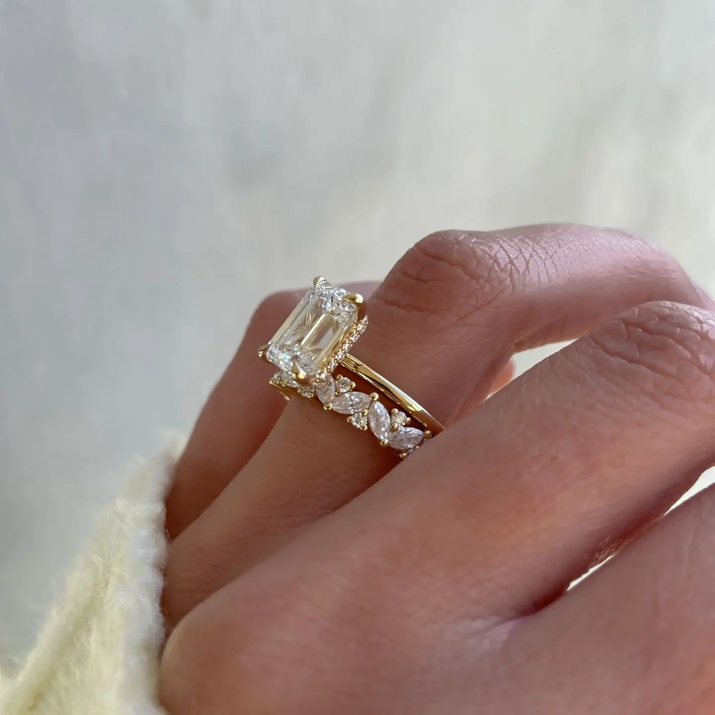 JOVOVASMILE 3 Carat 7*9mm Emerald Cut Moissanite Ring Sets 2 Rings Together 18K Solid Gold for Woman Engagement and Wedding