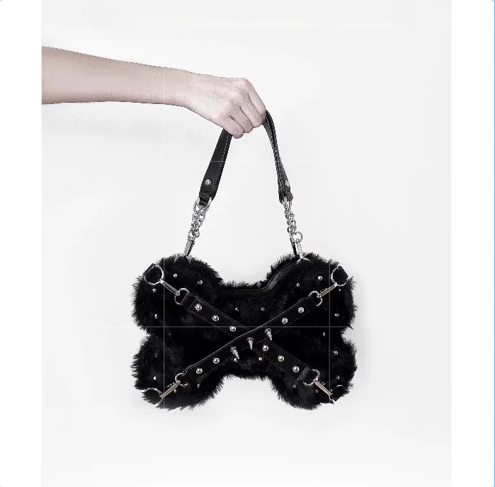 Original Plush Bone Subculture Rivet Three Way Women's Bag PU Material Lolita Accessory Single Shoulder Cross Bar Rivet Punk Bag