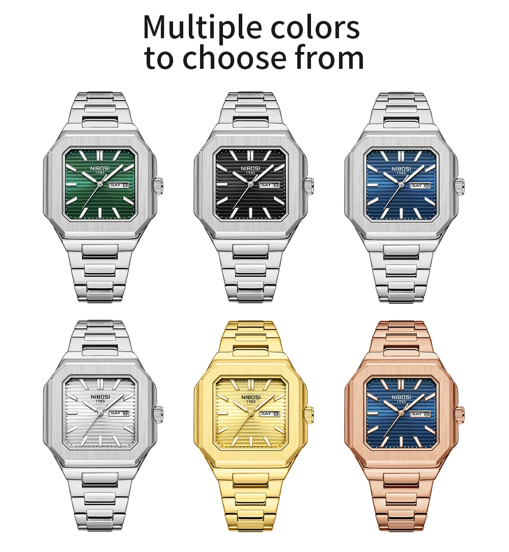 NIBOSI Luxury Watches For Men Date Week Stainless Steel Waterproof Luminous Square Man Clock Fashion Casual Men's Quartz Watches