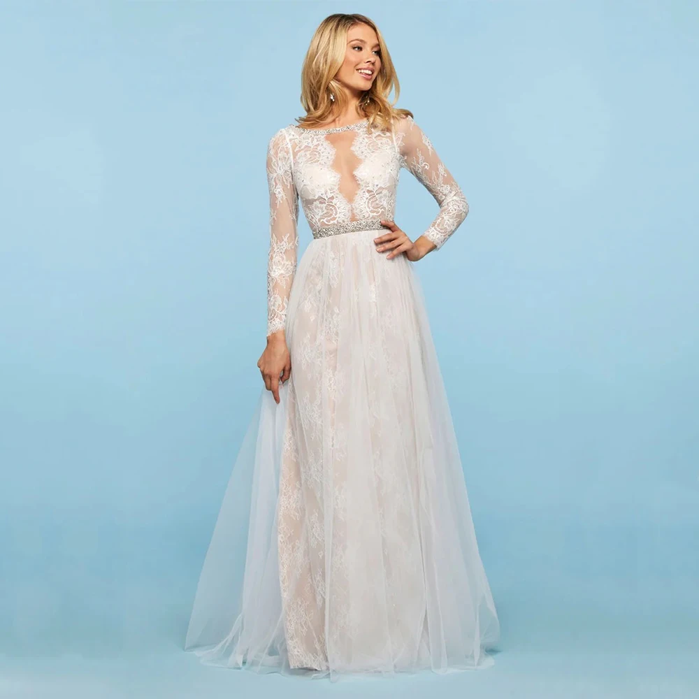 

Dream Elegant Weeding Dress Tulle for Floor-Length O-Neck Backless Prom Dress Lace Crystal Vestidos De Fiesta Customized