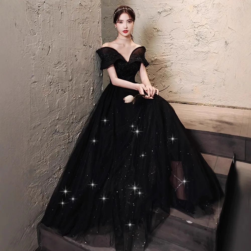 

Black Evening Dress High-End Sense Banquet Temperament Host Special Interest Light Luxury Art Exam Performance Costume