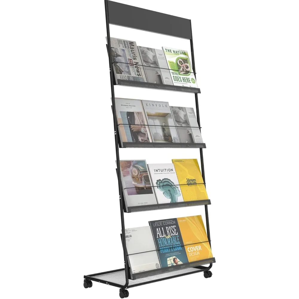 Magazine Rack: Floor-Standing 4-Layer with Wheels, Brochure Display Stand, High-hardness metal for Exhibitions, Office