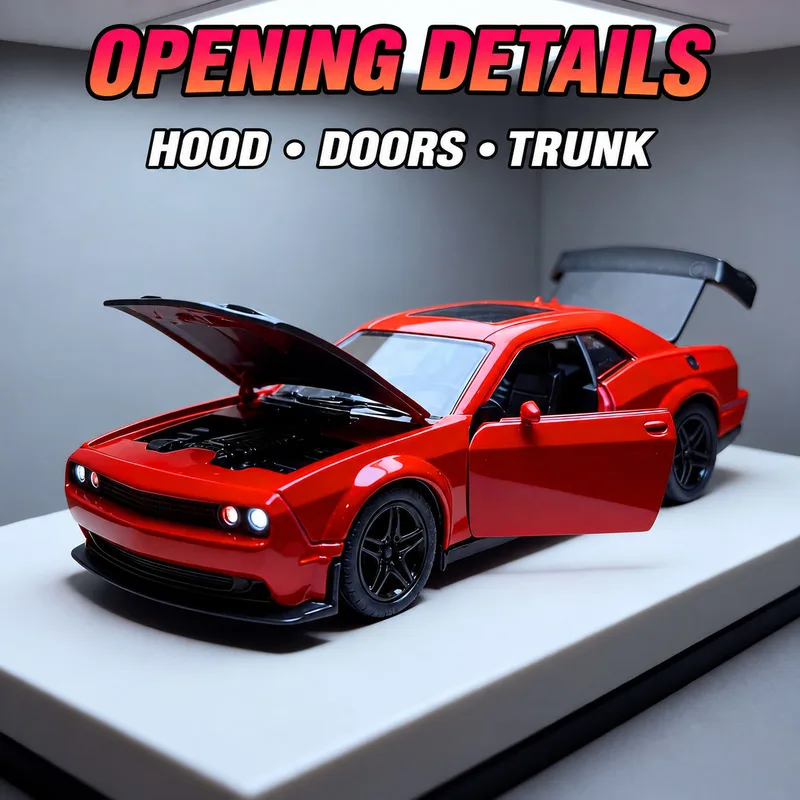 NEW 1:36 Dodge Challenger SRT Hellcat Diecast Car Model Pull Back Light Sound Opening Parts Collectible Christmas Birthday Gift