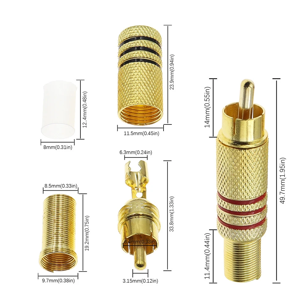 2-4 pces rca macho plug banhado a ouro adaptador de cabo de áudio e vídeo fono alto-falante conector av 1-2 pares conversor rca