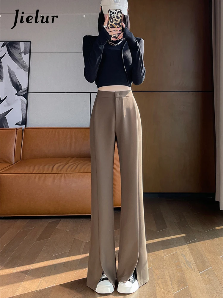 

Jielur Autumn Basic Solid Color High Waist Split Flare Women Pants Full Length Fashion Office Ladies Casual Female Suit Pants