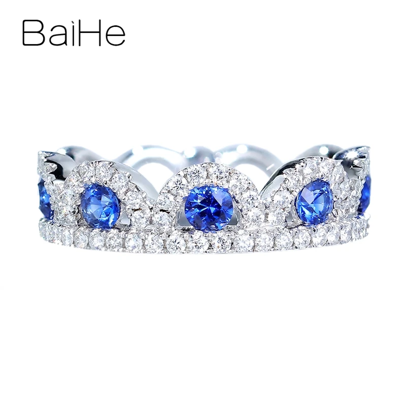 

BAIHE Solid 14K White Gold Natural Sapphire Diamond Crown Ring Women Men Party Fine Jewelry Making Anillo corona Kronenring