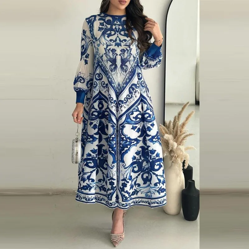 Summer Runway Blue and White Porcelain Long Dress Women O-Neck Flare Sleeve Floral Print Bohemian Side Split Loose Robe Vestidos