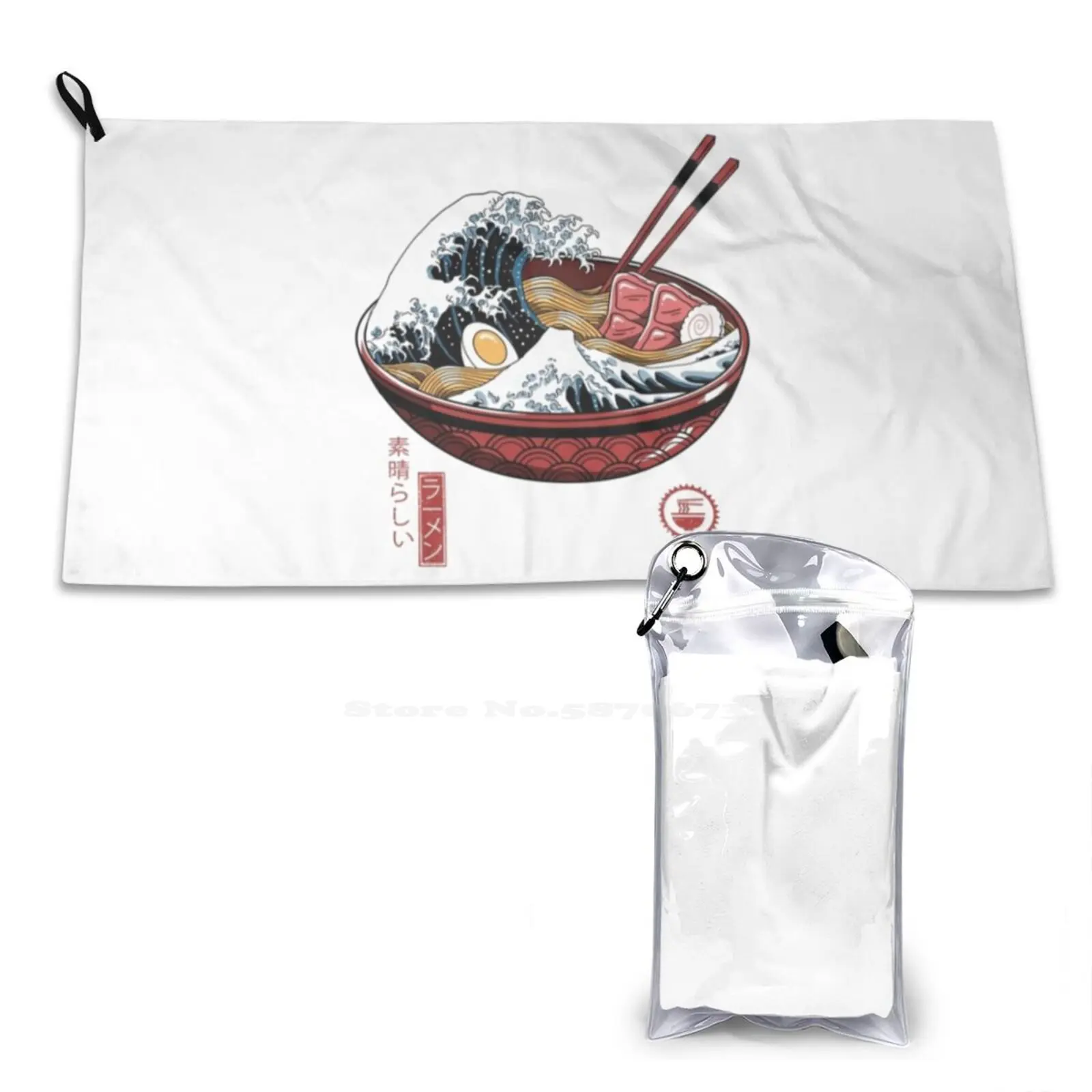 Great Ramen Wave White 3D Print Bath Towel Strong Water Absorption Ramen Bowl Ramen Noodles Japanese The Great Wave Of Kanagawa