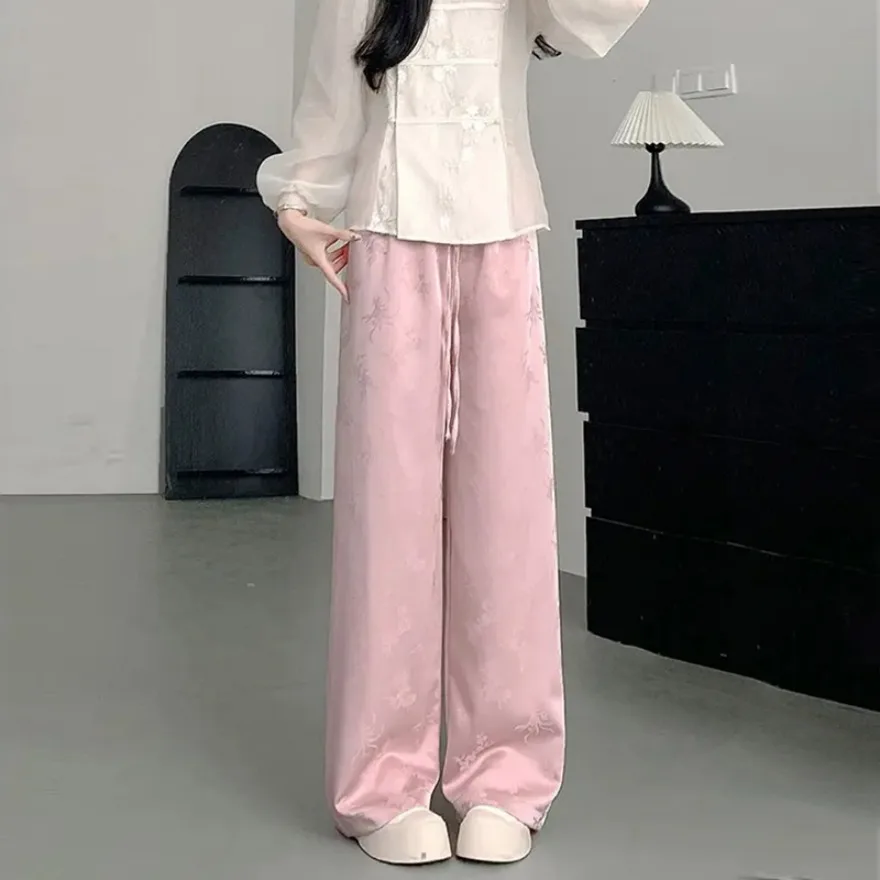 Women Pants Spring Summer Ice Silk Wide Leg Pant 2024 High Waist Loose Straight Casual Pant Female Outdoor Black Trousers Korean