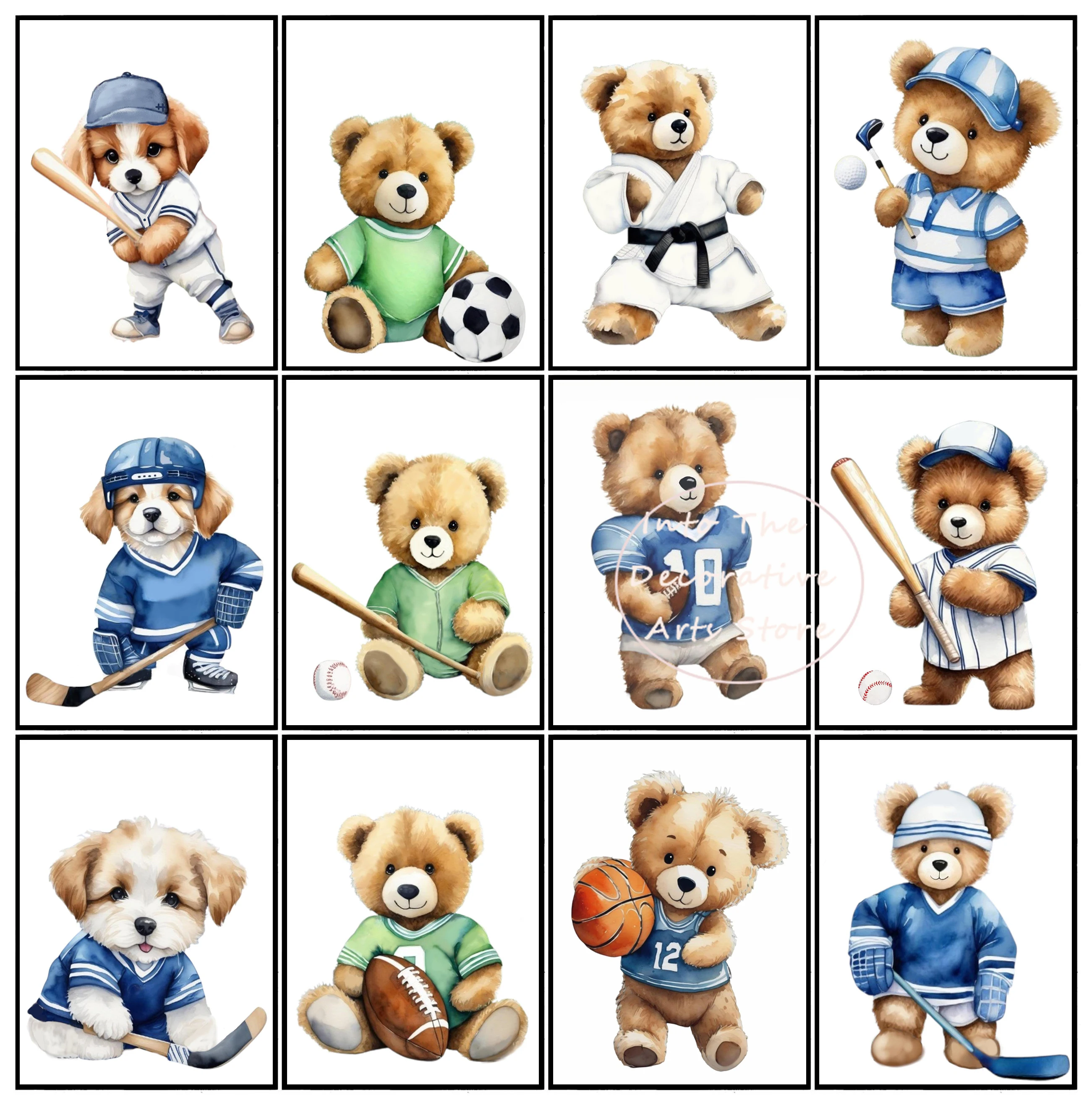 Cute Cartoon Brown Bear Sports Football Baseball Abstract Posters Prints Canvas Painting Wall Art Picture Living Room Home Decor