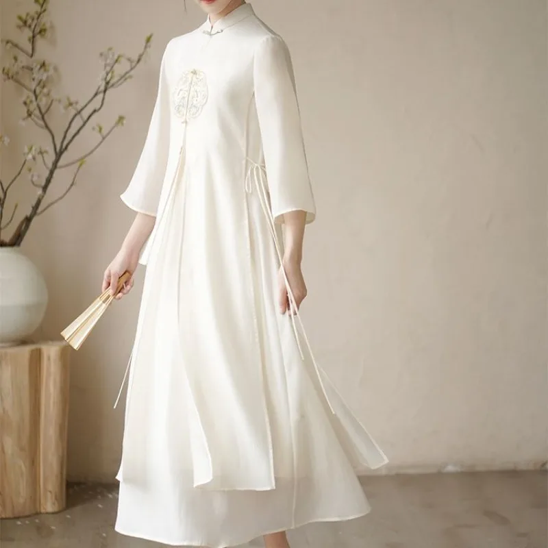 

Женское платье в китайском стиле для чаепития, лето 2026, новинка, вышитое, в новом китайском стиле, элегантное, как у феи, из ледяного шелка, платье-ципао