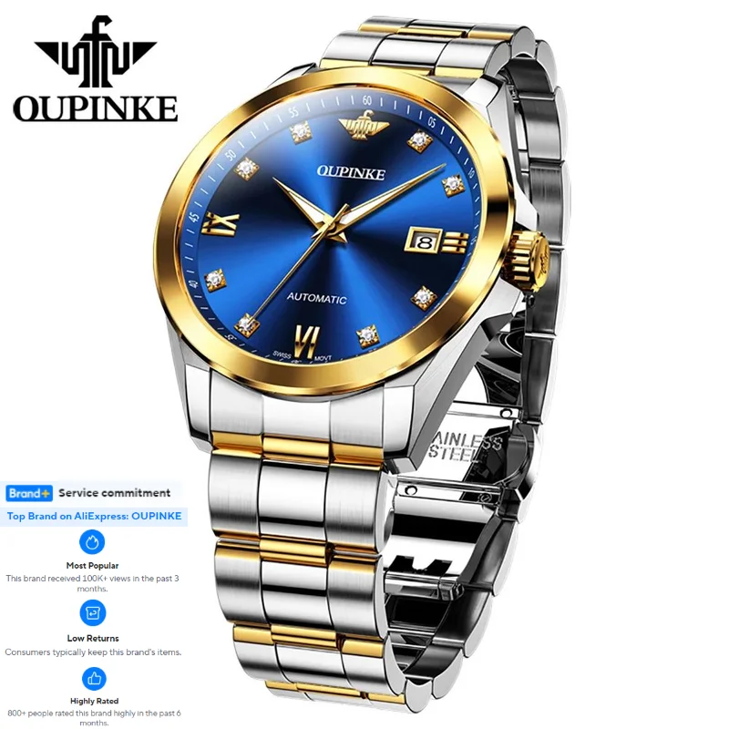 OUPINKE Swiss Automatic Mechanical Watch for Men Real Diamond Luxury High-end Men's Wristwatch Waterproof Date