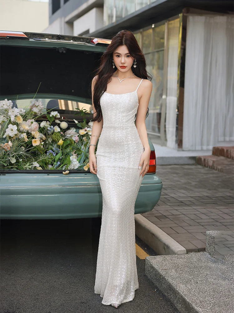 

Sequin Fi Tail Evening Dr White Wedding Maid of Long Gown Faionable Strapl Adult Ceremony Dr