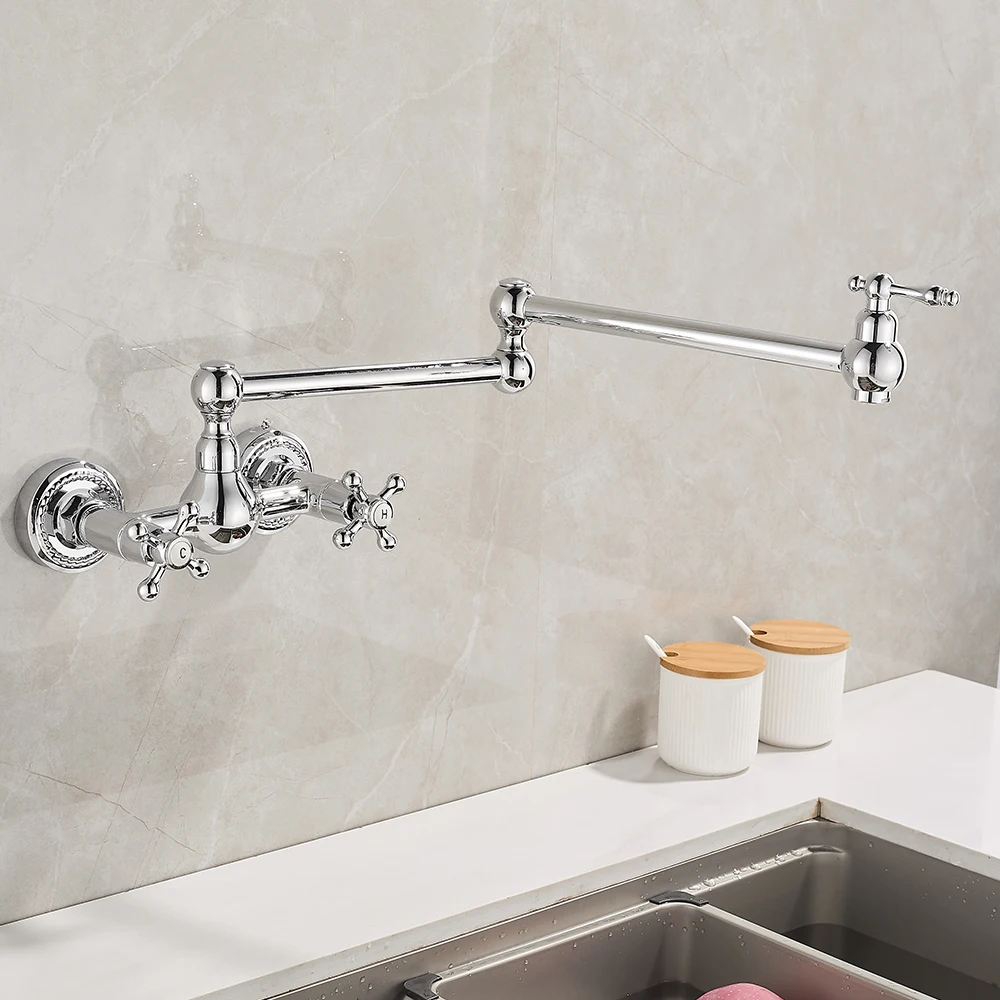 

Chrome Wall Faucet Double Joint Spout Folding Stretchable Swing Arm Wall Kitchen Faucet Single Hole Two Handle Kitchen Sink