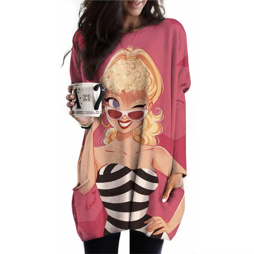 Dames Pullover Barbie Prinses Print Kleur Geblokkeerd T-Shirt Top Met Lange Mouwen, Modieus En Eenvoudig Dames Zak T-Shirt