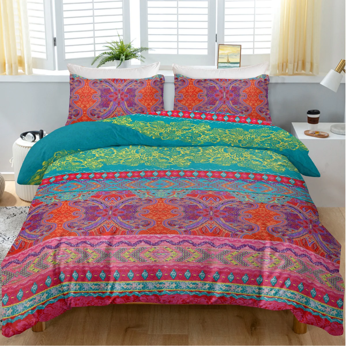 3pc Red Stripes Printed Bedding Set Bohemian Style Quilt Cover with Zipper Closure 1 Duvet Cover and 2 Pillowcases