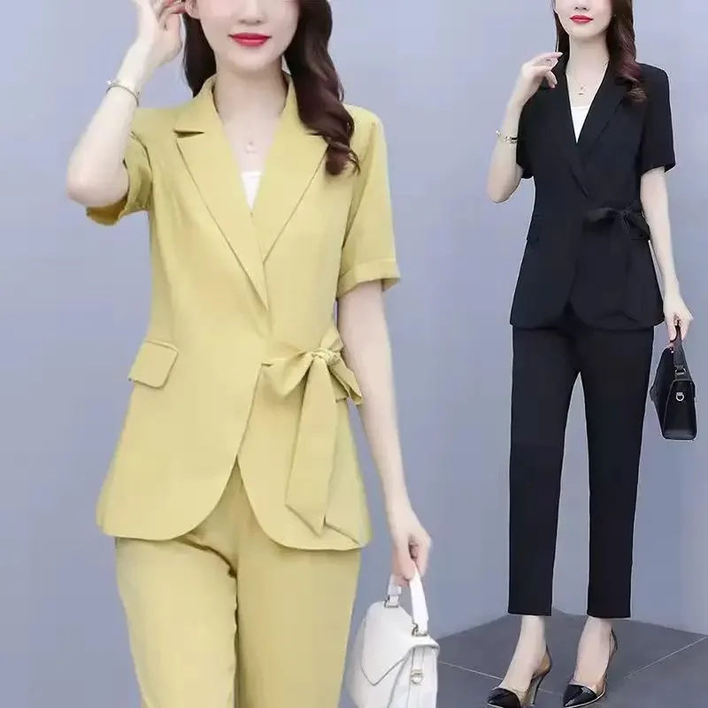 2024 Sommer neue koreanische elegante Kurzarm Blazer Bluse Hose zweiteilige Damenmode Schnür anzug Top Hose passendes Set