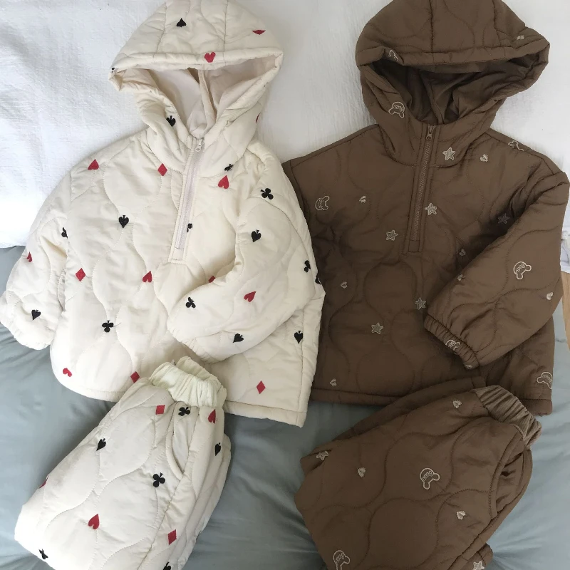 

Embroidery Children's Sets Autumn Winter Warm Plush Lining Kids Hooded Jacket and Pants for Boys and Girls Sets