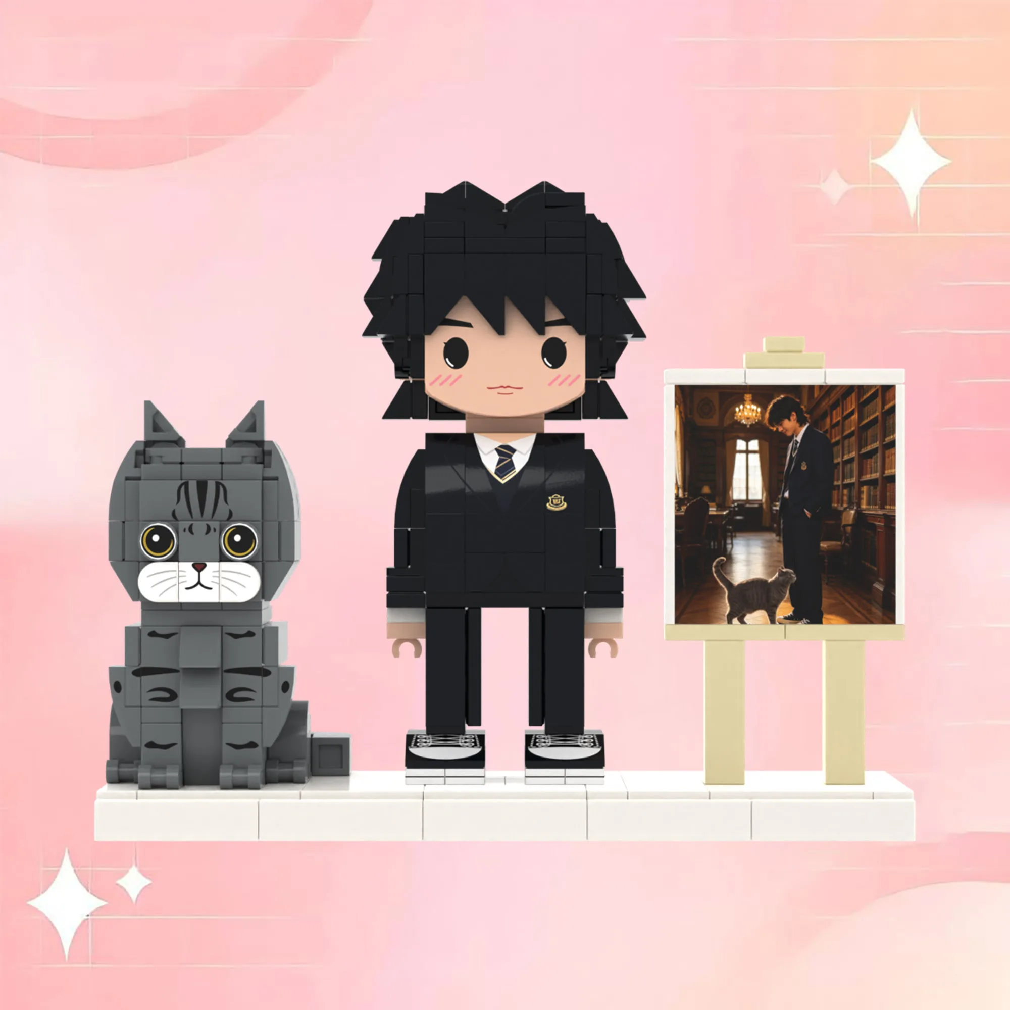 

Customized Brickfigures Person & Grey Tabby Cat Building Blocks Set with Mini Photo Stand DIY Brick Toy Gift for Pet Lovers