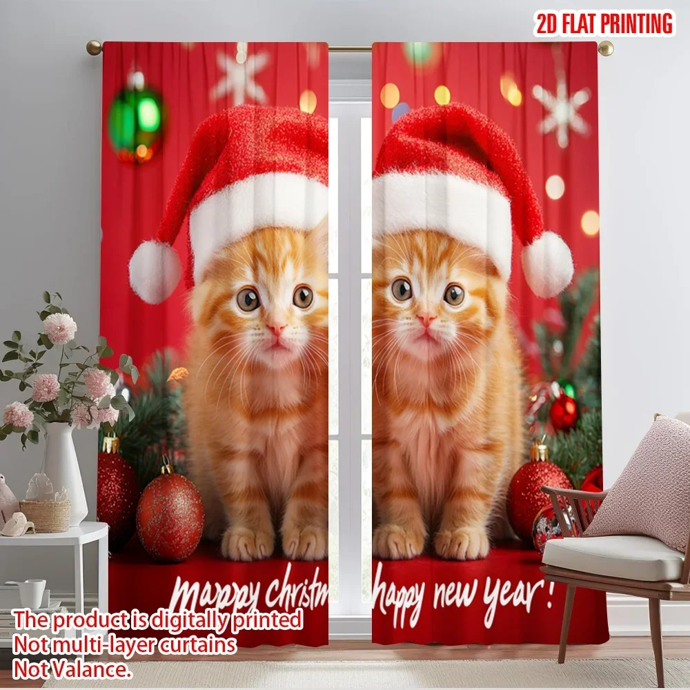 2pcs,2D plane printing Curtains&Window Treatment Cute Kittens Merry Christmas Happy New Year (2) Polyester (without rod)