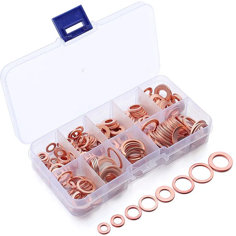 Kit surtido de arandelas de sellado de cobre Premium de 100 Uds., juego surtido de juntas de arandela de tapón de drenaje de aceite de anillo plano